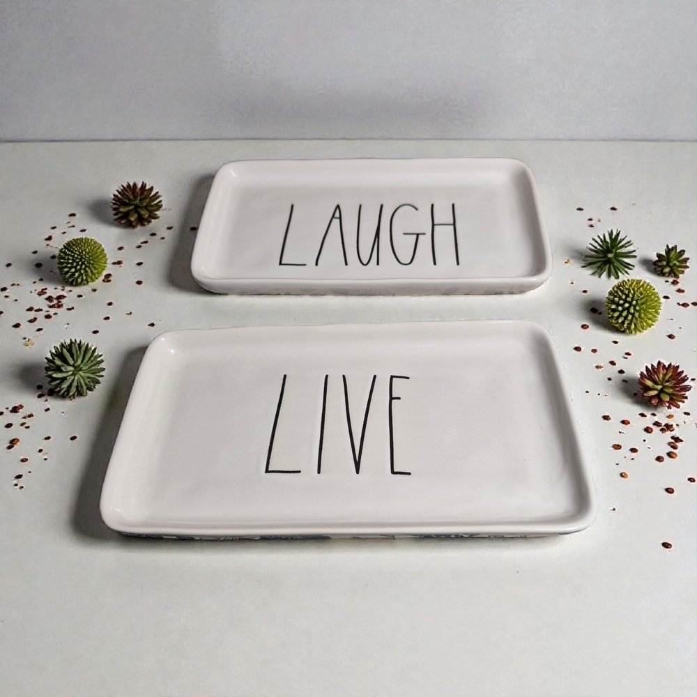 Rae Dunn White Live Laugh Rectangle Ceramic Set Trays Farmhouse Kitchen Decor